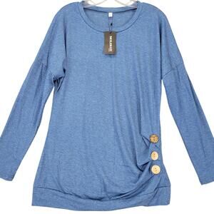 Molerani Blue Shirt Stretch Preppy Gathers Button Long Sleeve Scoop Women Size L